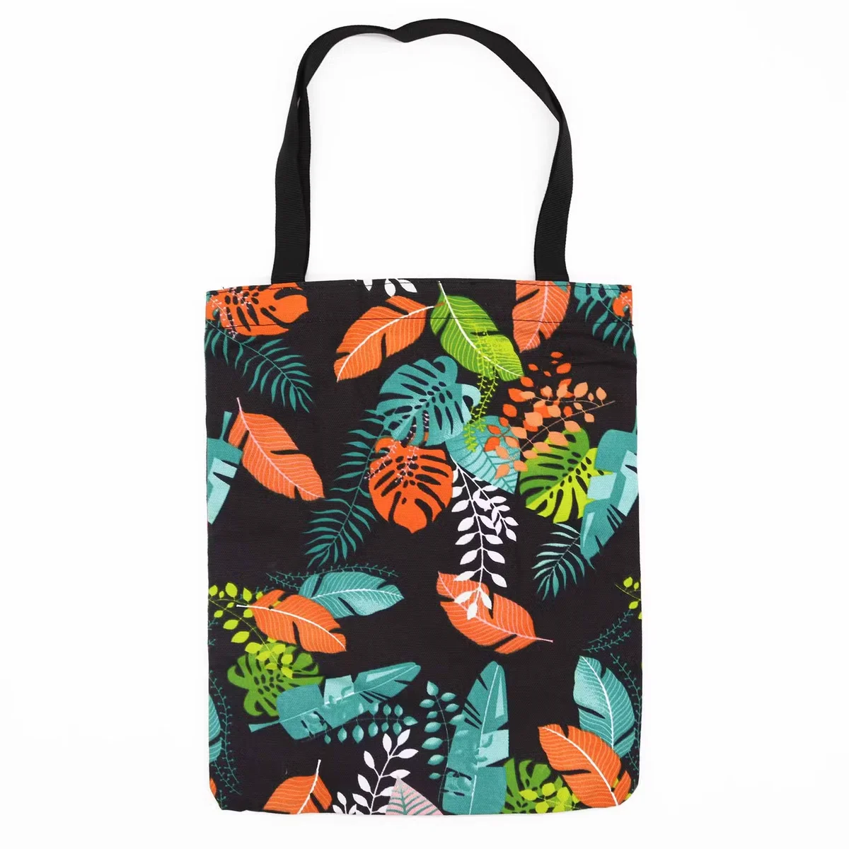 Classic 40x34cm tote bag with dark tropical motif and zipper closure, shown open to reveal spacious interior.