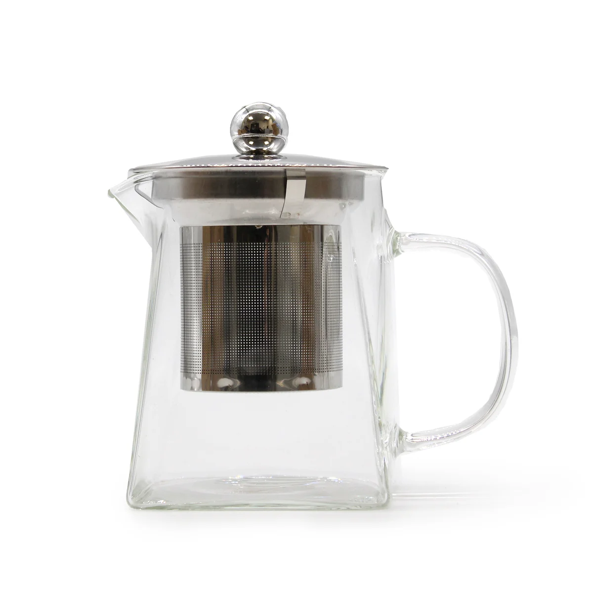 Transparent tower-shaped 350ml glass teapot with infuser, clear glass body and black lid.