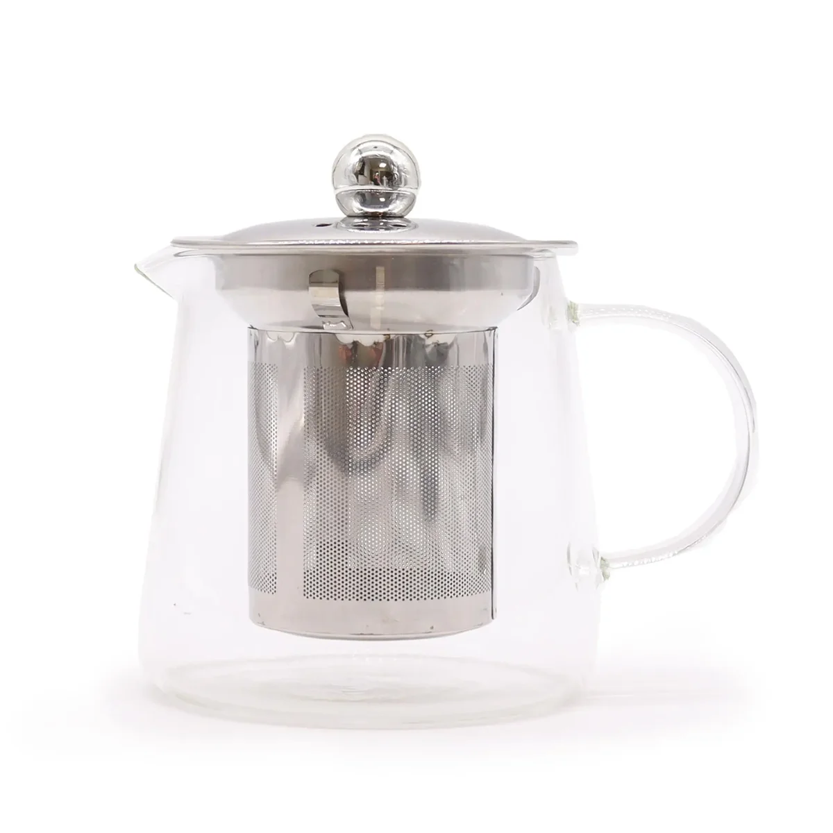 Clear glass infuser teapot in flask shape, 350ml capacity.