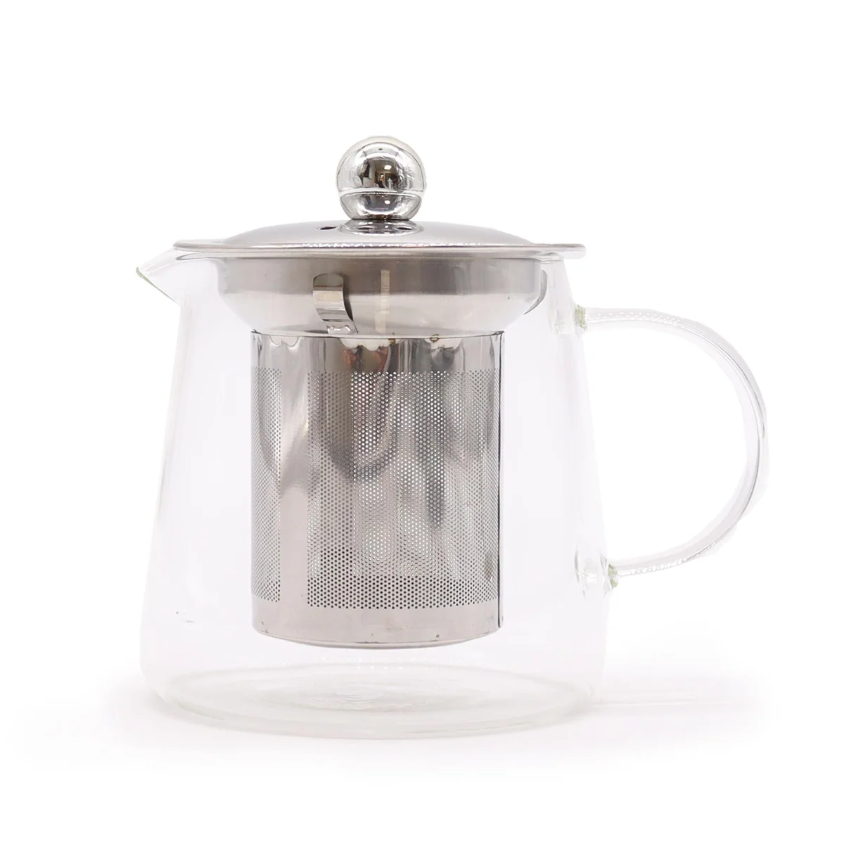 350ml glass teapot with clear glass, flask shape, built‑in infuser.