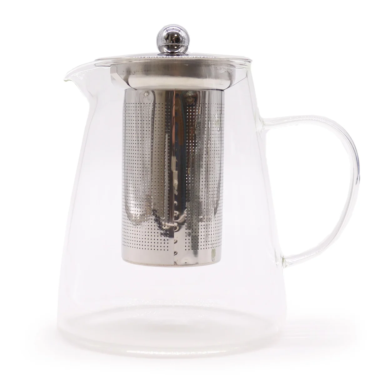 Elegant 950ml glass teapot with infuser, flask shape.