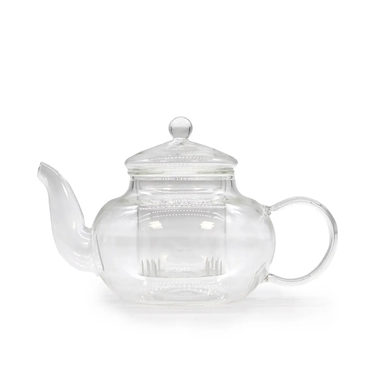 Clear glass round pearl teapot with infuser, 400ml capacity in a simple, elegant design.