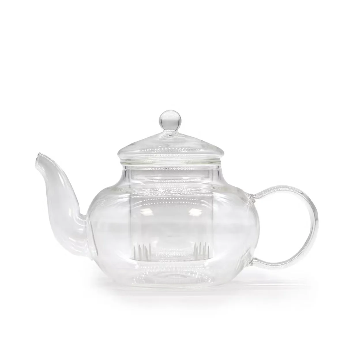 Crystal clear glass tea infuser teapot with pearl finish, round shape holding 400ml of tea.