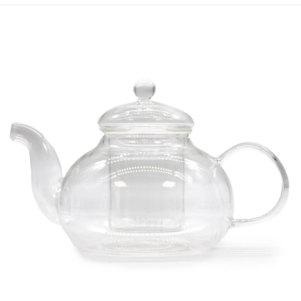 Glass infuser round pearl teapot, 800ml capacity, clear glass construction, handles and spout