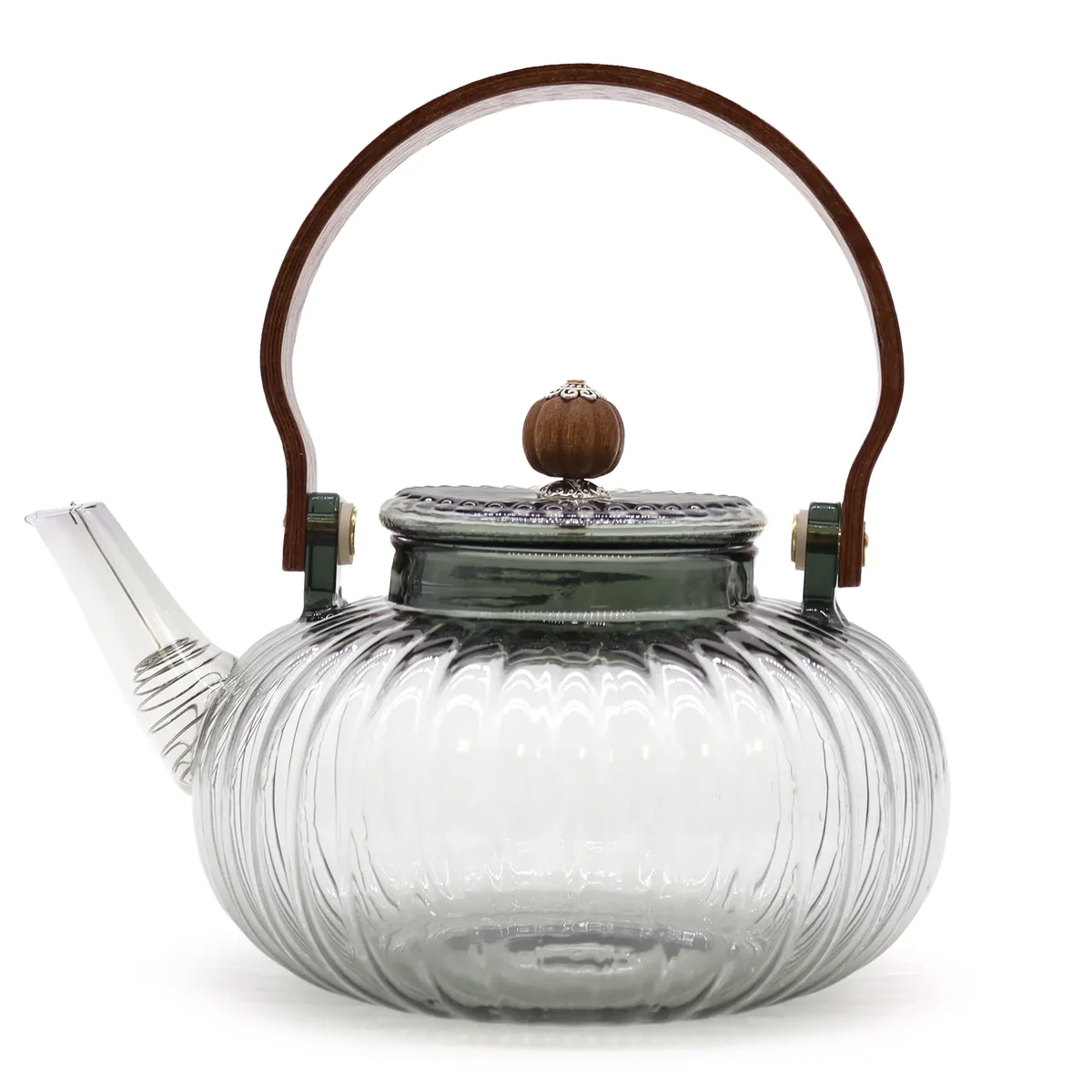 Charcoal ribbed teapot in pearl glass, 950ml infuser with steel lid, ergonomic handle, clear water inside