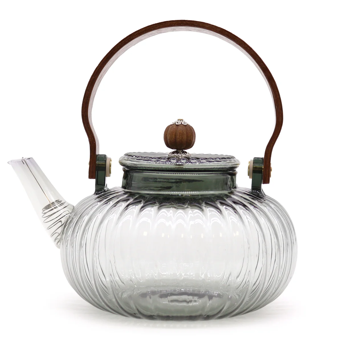 950ml glass teapot in charcoal ribbed pearl finish, black accented rim and drip spout, holding hot tea