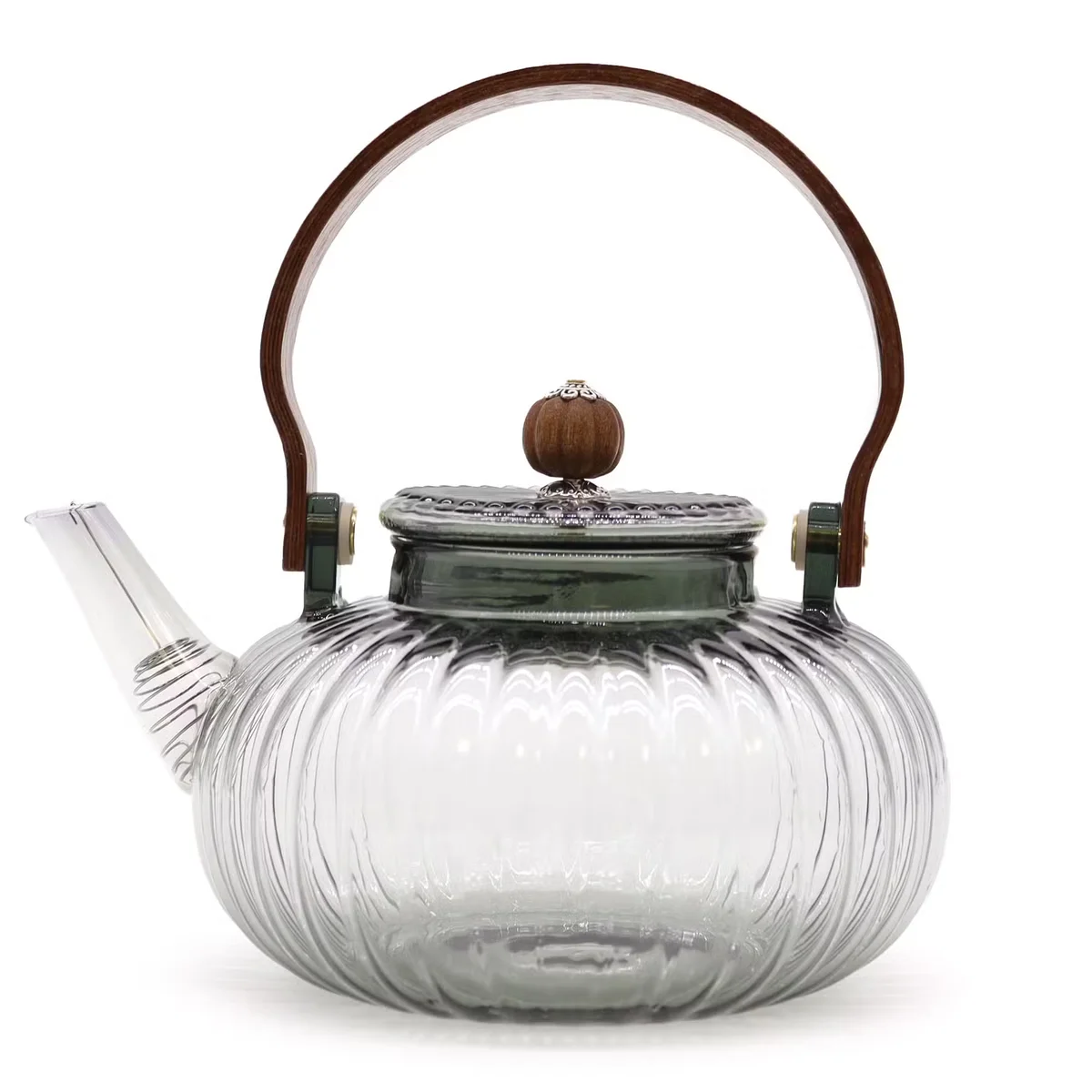 Clear glass tea infuser pot with charcoal ribbed pearl design, 950ml capacity