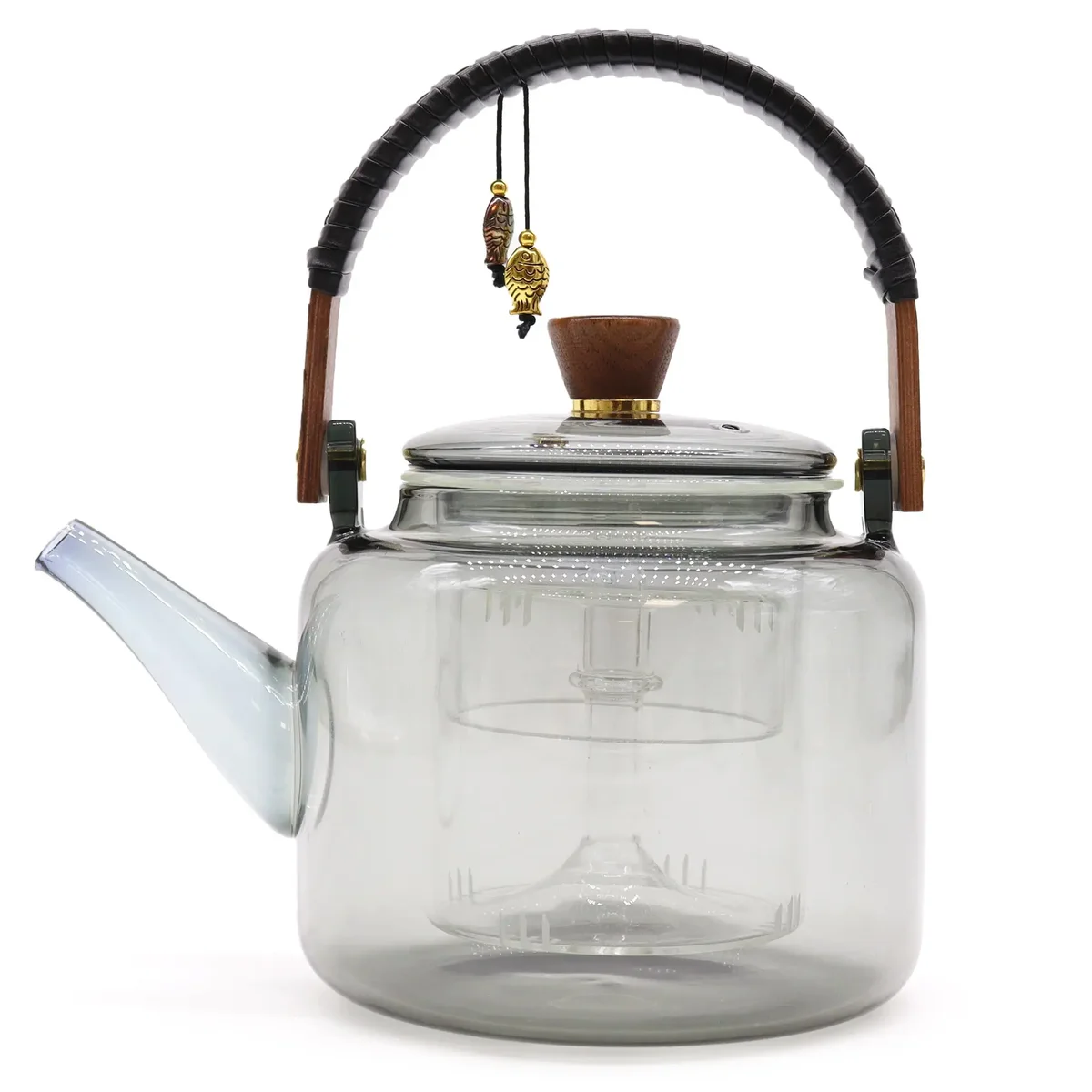 Transparent glass teapot with infuser and charcoal steamer system, 1000ml capacity.