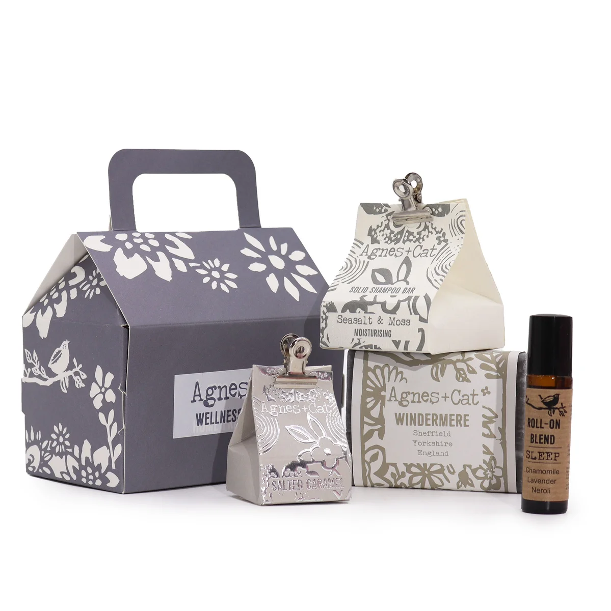 Agnes + Cat aromatherapy gift set with Lake Breeze scent including wellness products arranged on a white background
