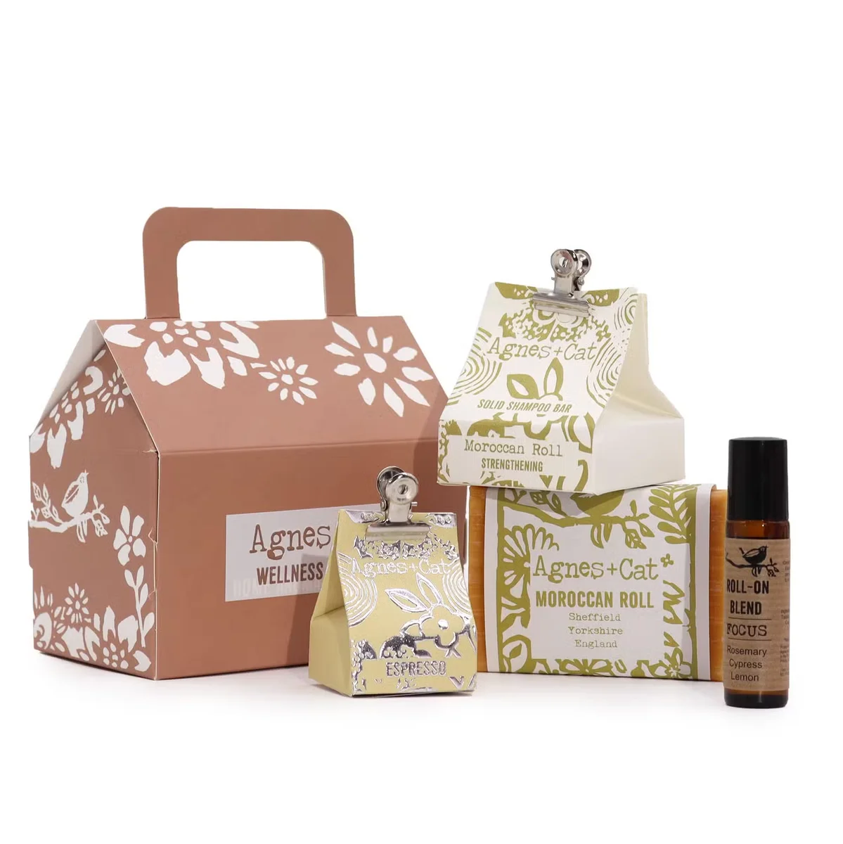 Agnes + Cat Moroccan Morning aromatherapy gift set with wellness products arranged on a white background