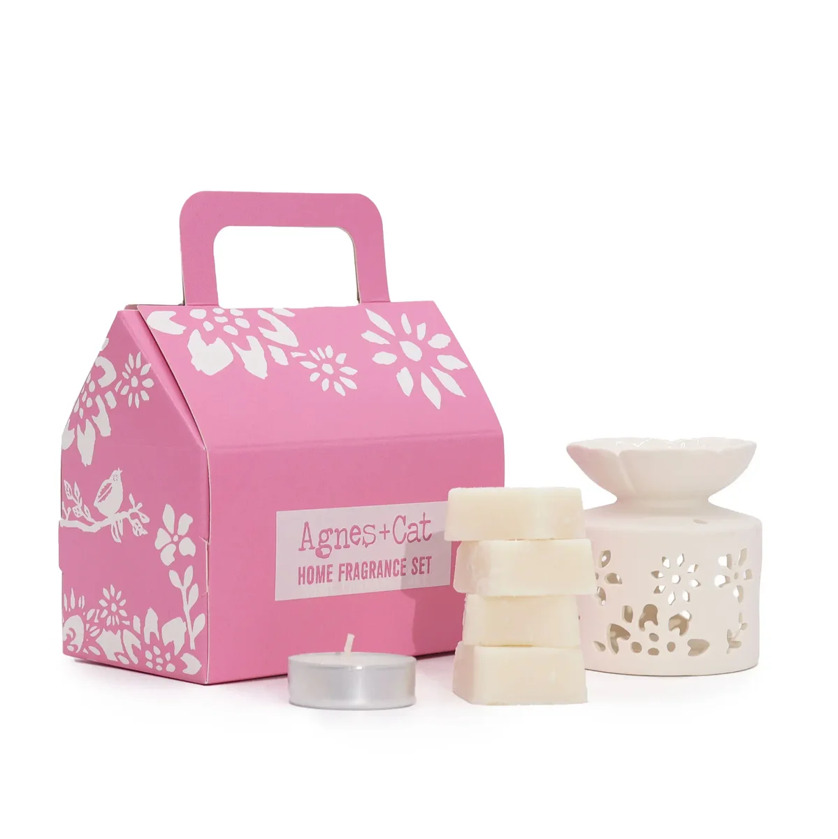 Agnes + Cat Fragrance Gift Set packaging featuring tea and roses fragrance bottles and decorative elements