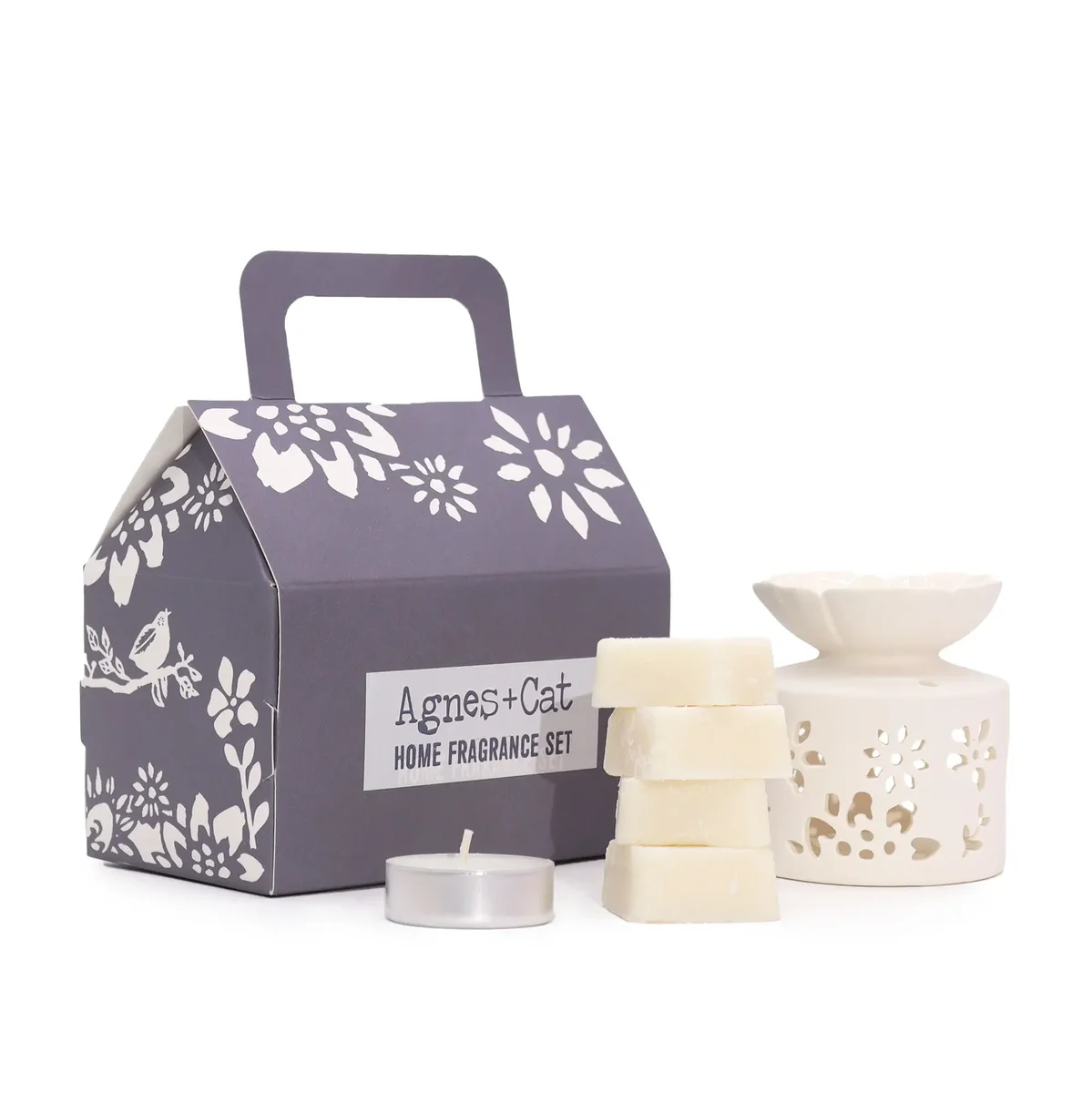 Agnes + Cat gift set Windemere with perfume bottle and matching packaging on white background