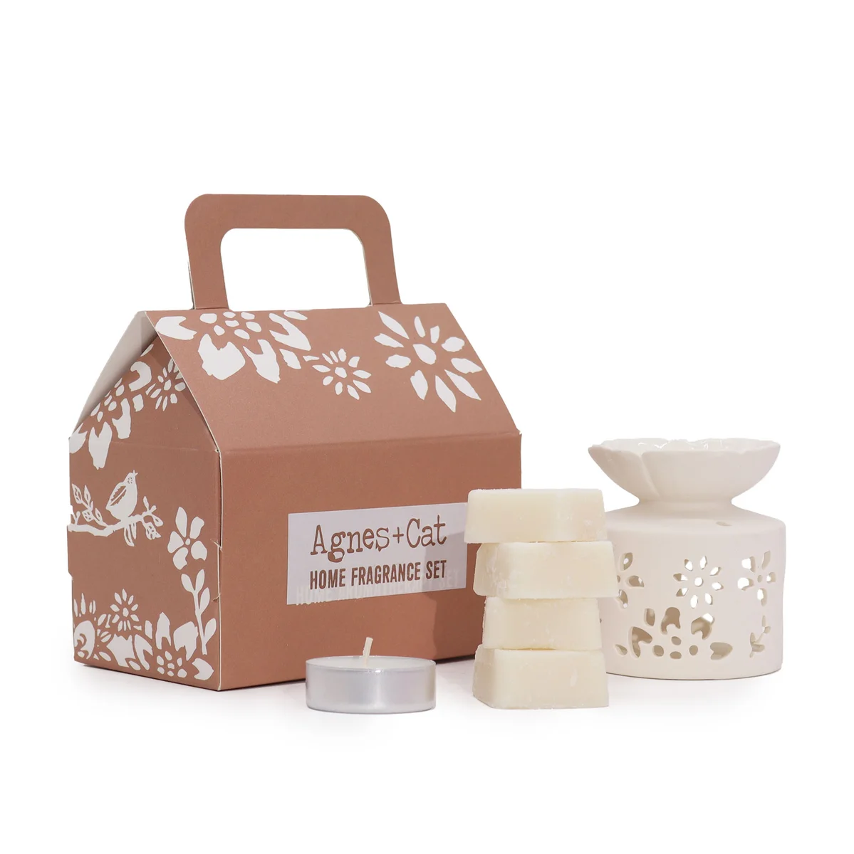 Agnes + Cat Moroccan fragrance set with perfume and body lotion in elegant packaging on white background