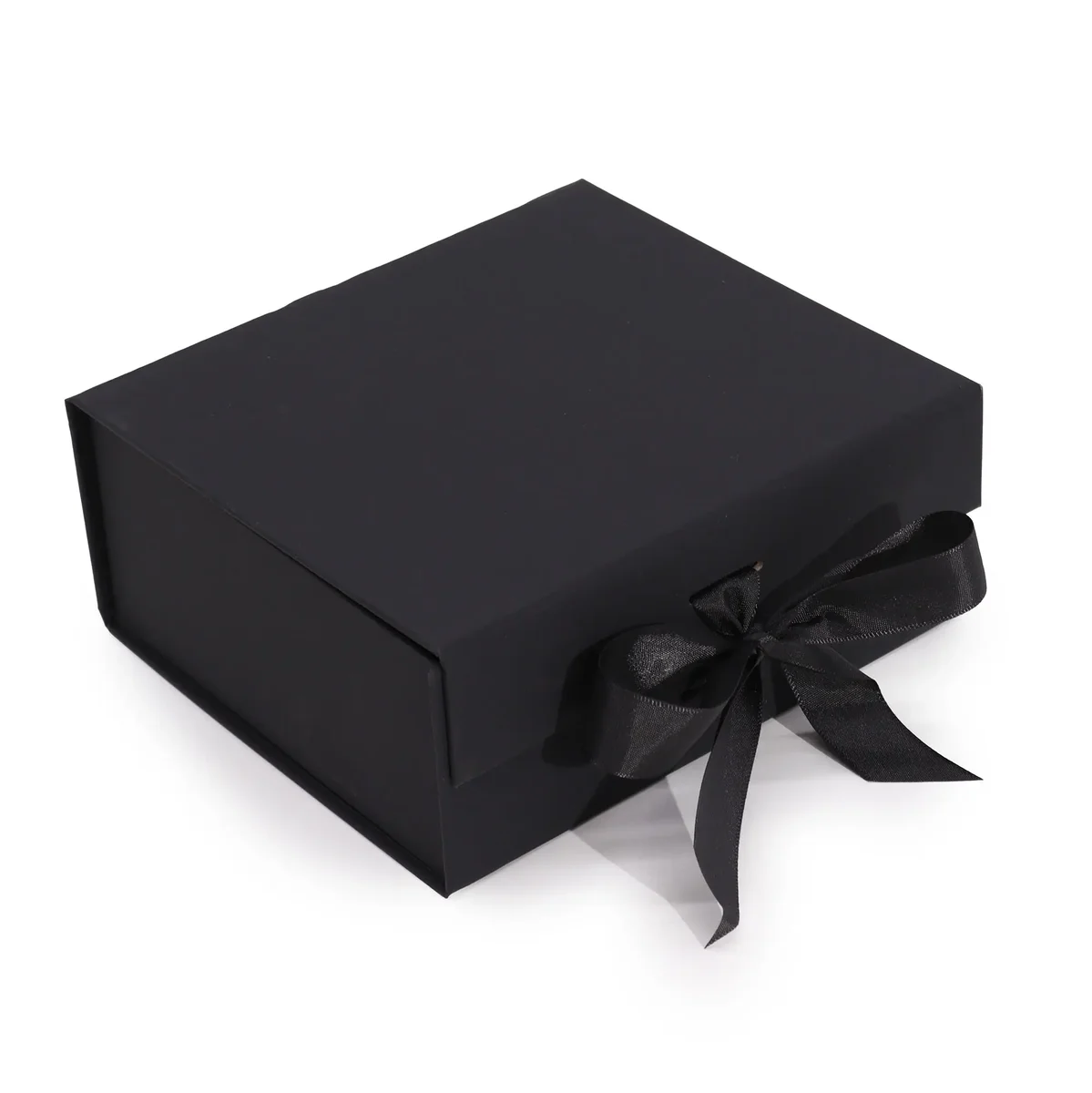 Black gift box folded flat, 20cm by 18cm square, 8cm tall, bright matte finish.