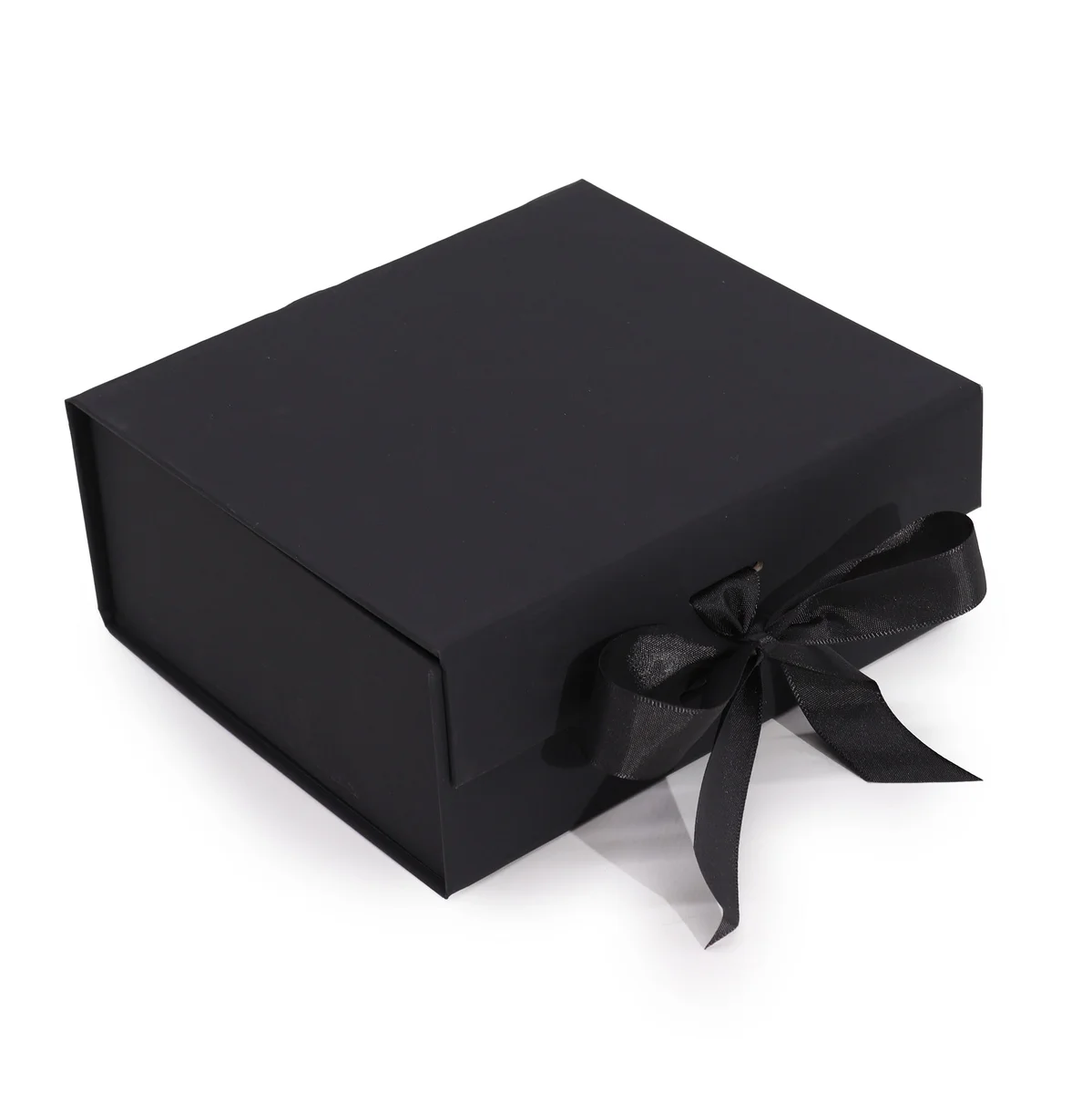 Black flat-pack square gift box, medium size 20x18.2x8cm, in sleek black finish.