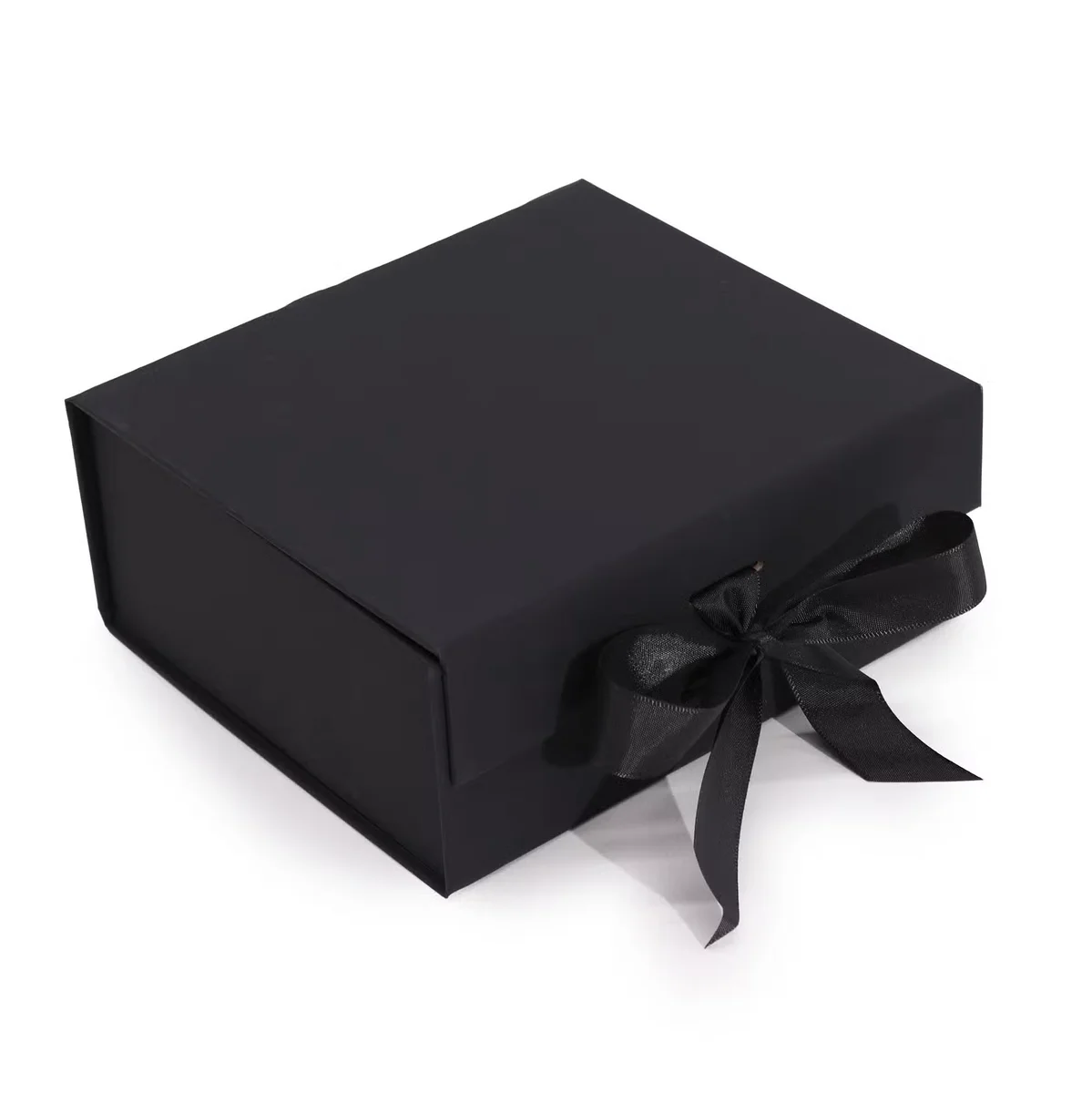 Black flat pack gift box, medium square 20x18.2x8cm, shown sealed with hinge open.