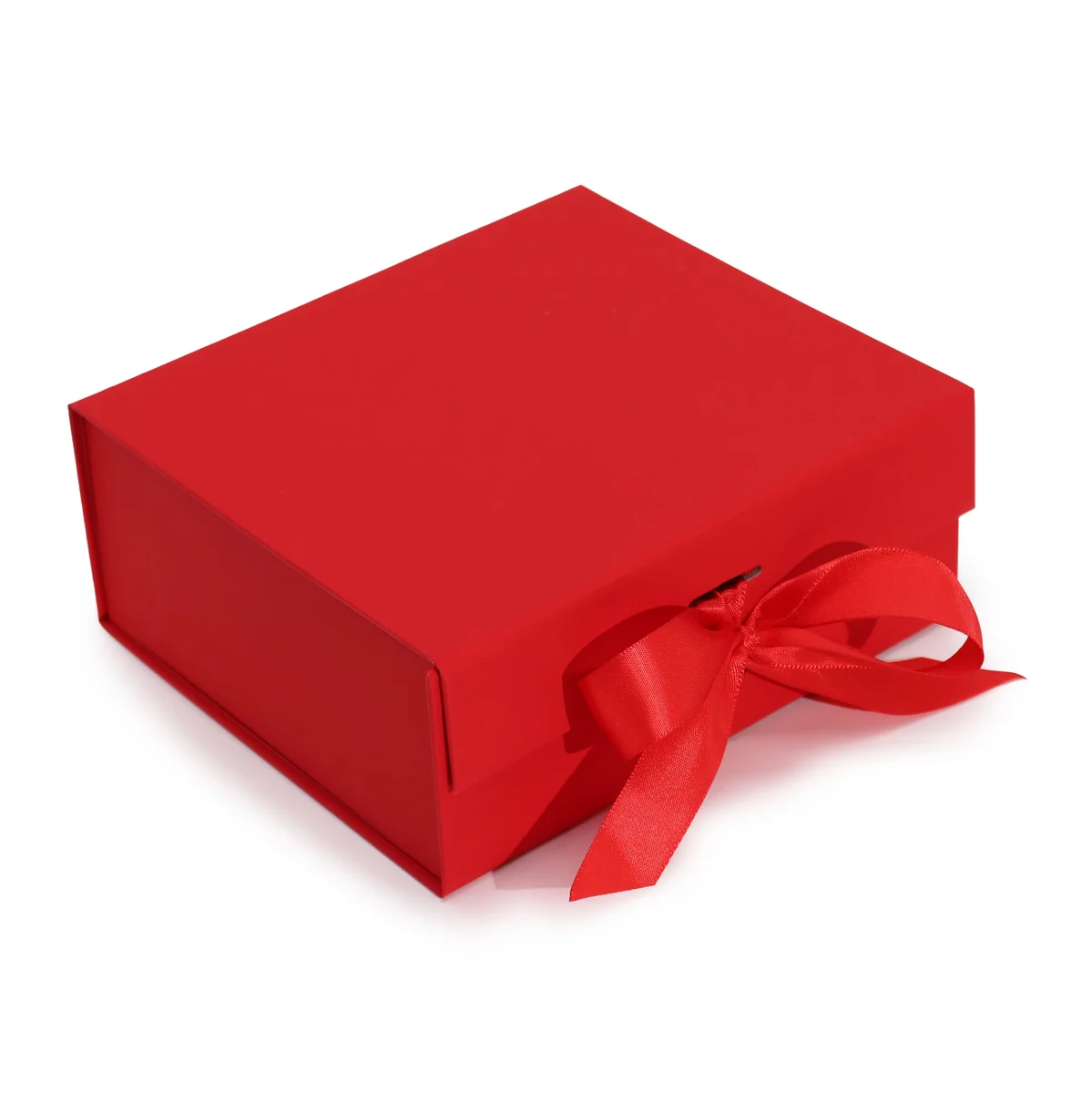 Medium square red gift box flat packed, measuring 20x18.2x8cm, shown folded and ready to assemble