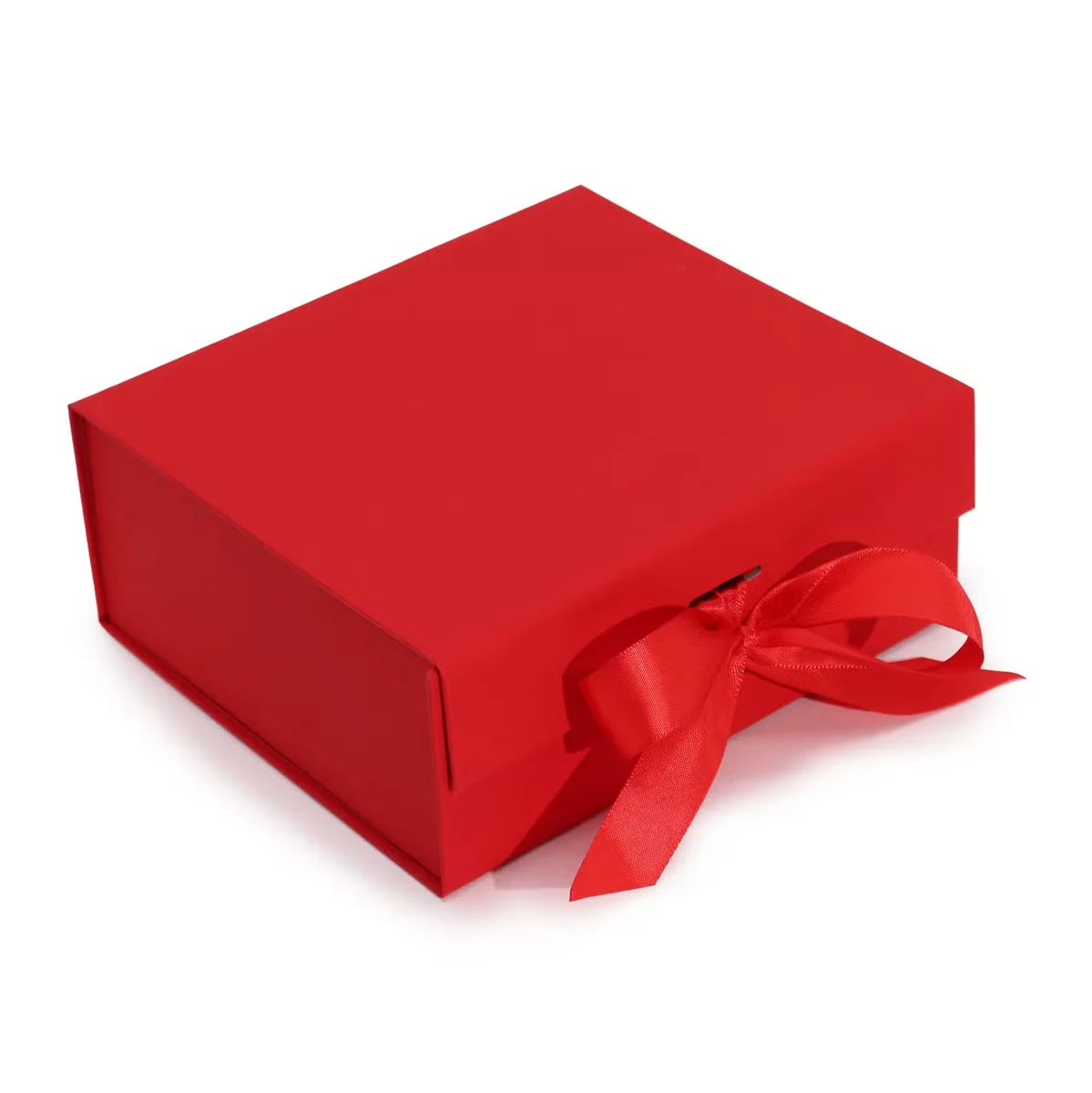 Red medium square gift box flat packed, dimensions 20x18.2x8cm, ready for assembly