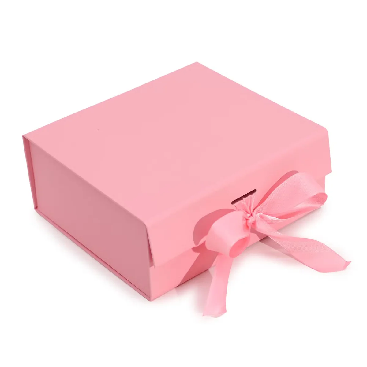 Pink flat pack square gift box measuring 20x18.2x8 cm.