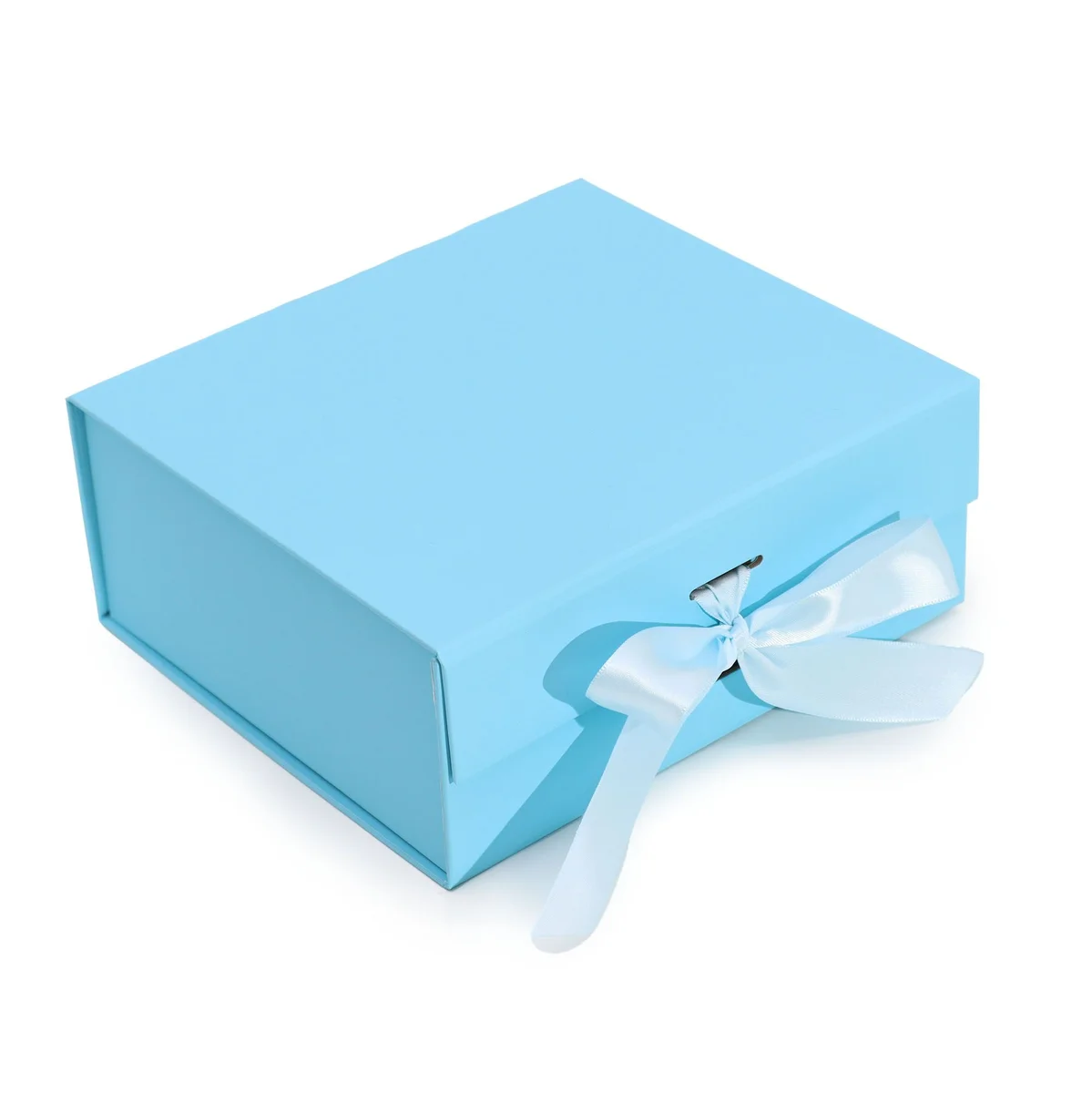 Medium baby blue flat pack gift box in square shape measuring 20x18.2x8cm on white background