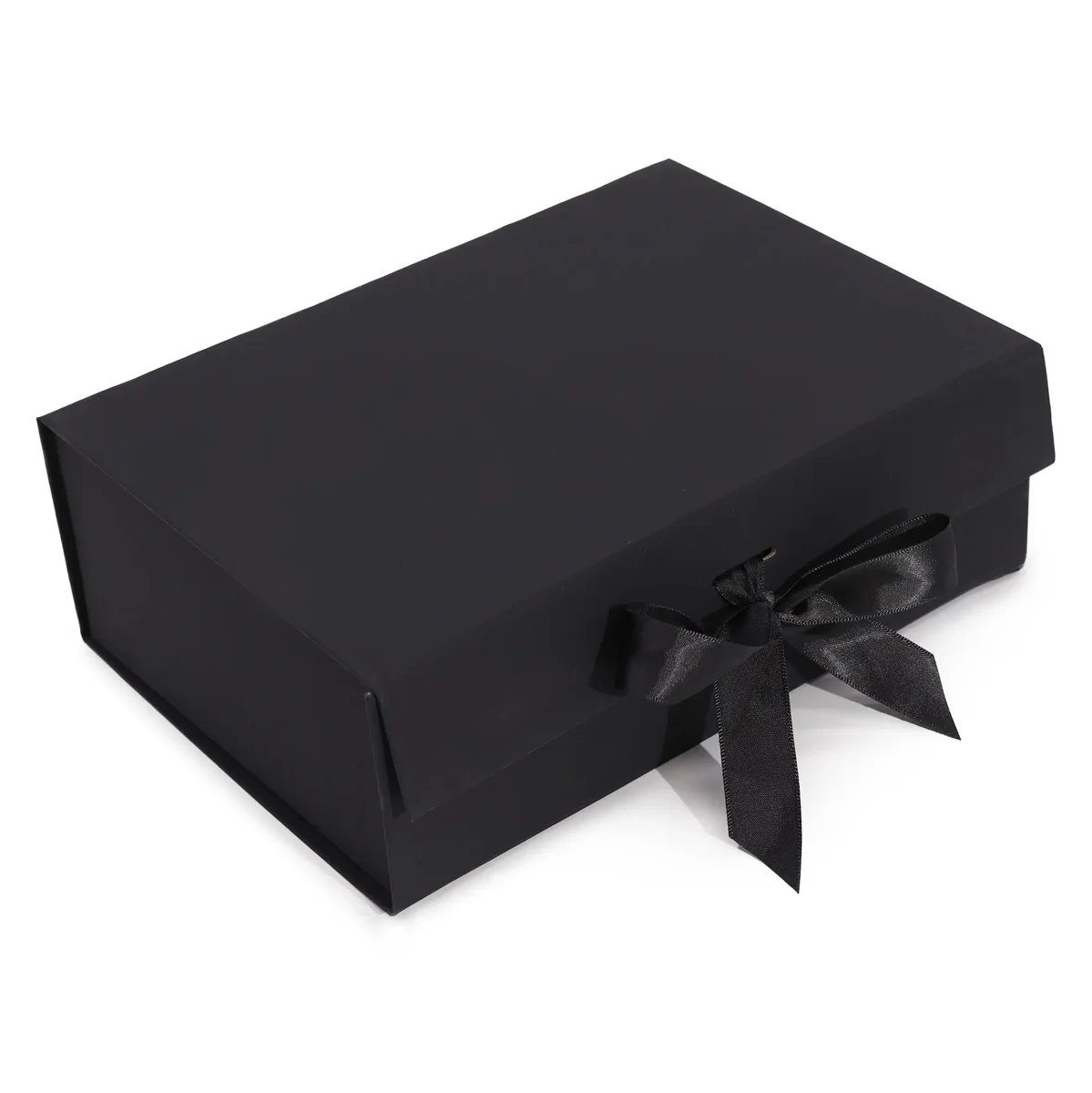 Flat pack gift box – large black cardboard box, open, 28.2x20.2x9.2 cm, shown as a gift container.
