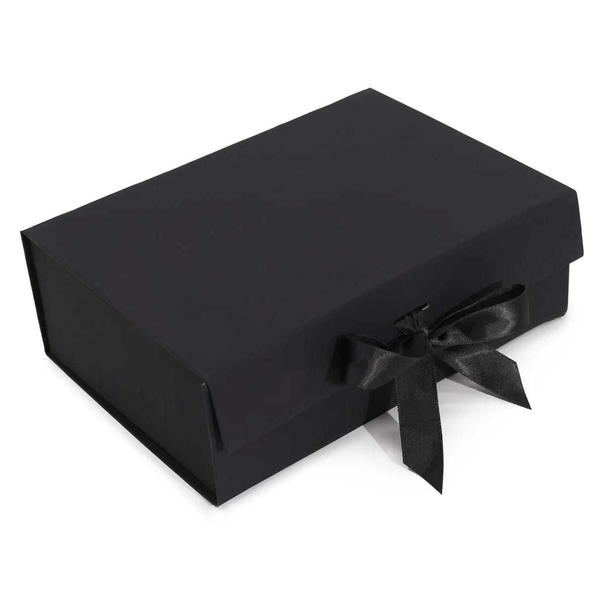 Large flat-pack black gift box with rounded lid and rectangular base, dimensions 28.2x20.2x9.2 cm