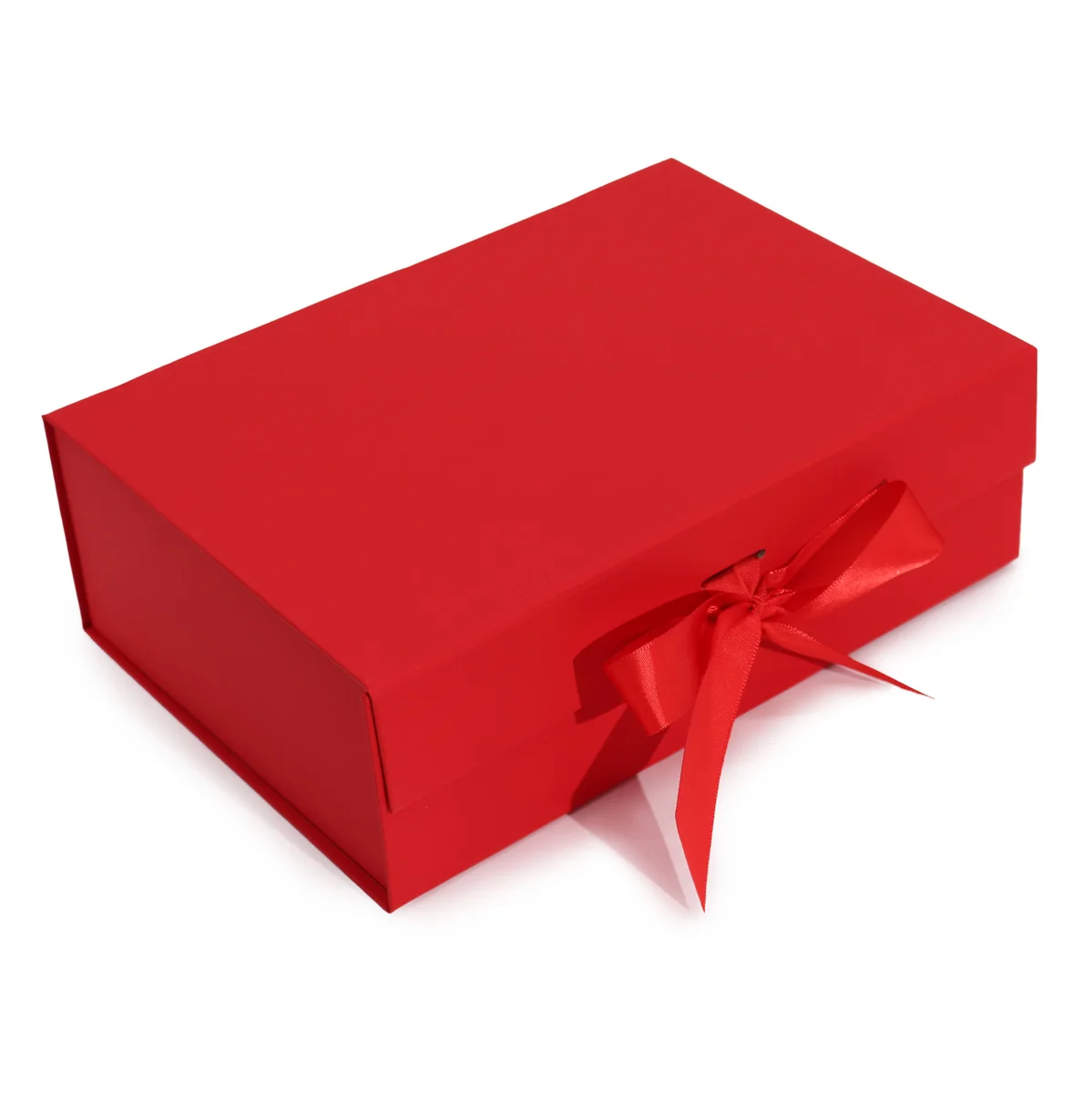 Large flat pack red gift box measuring 28.2x20.2x9.2cm shown folded flat for easy storage