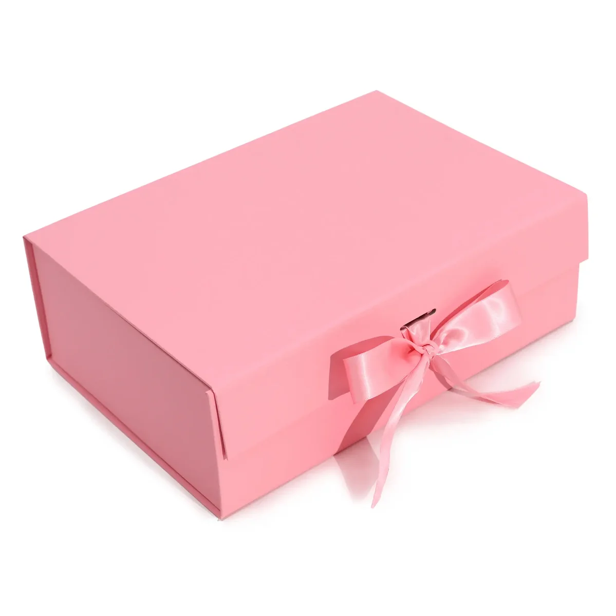 Large pink flat pack gift box measuring 28.2x20.2x9.2cm, unfolded and ready to assemble
