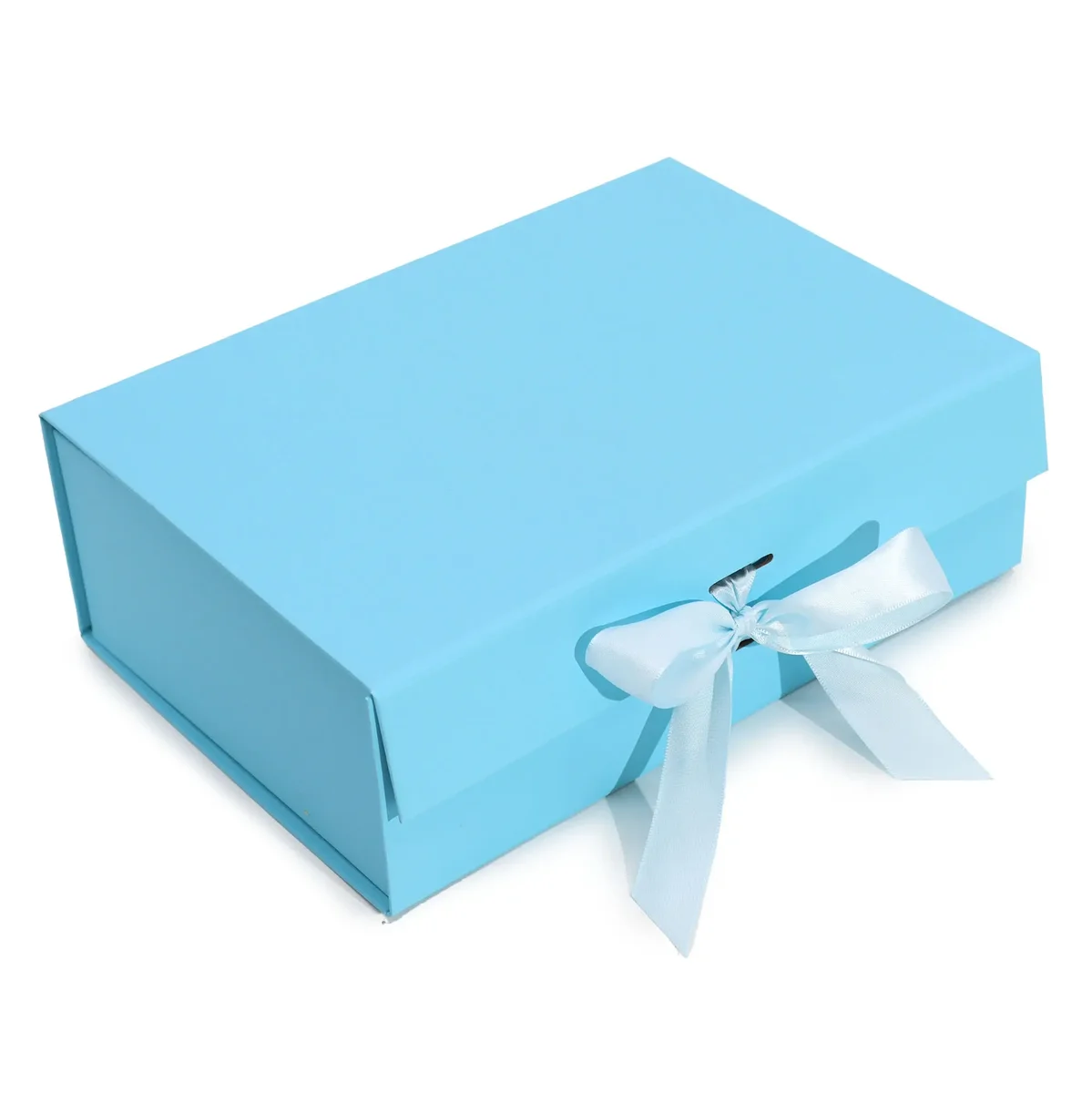 Large flat pack baby blue gift box measuring 28.2x20.2x9.2cm with a smooth finish on a white background