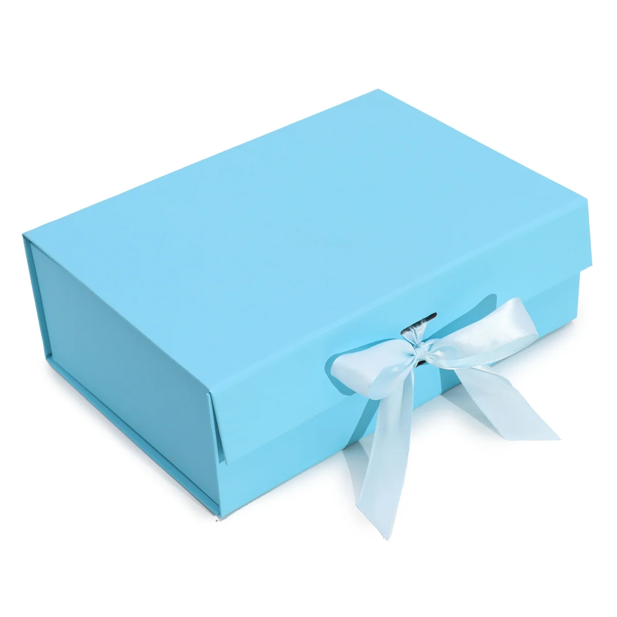 Large baby blue flat pack storage box folded flat showing size and shape on white background