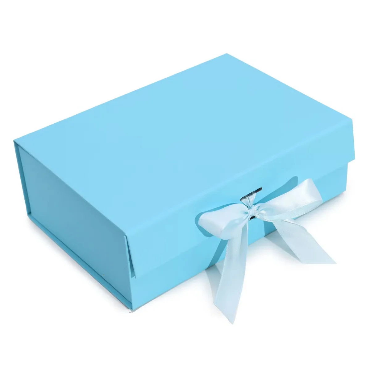 Large baby blue flat pack gift box displayed open, showcasing spacious large gift packaging dimensions 28.2x20.2x9.2cm