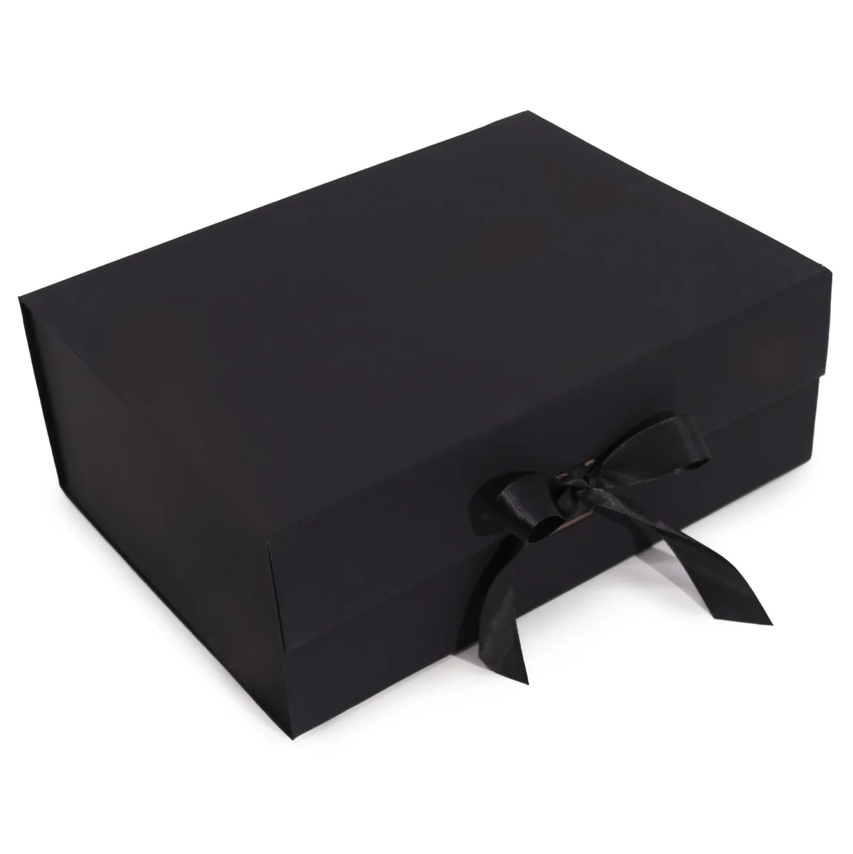 Black extra large gift box flat packed, measuring 33x25x12cm, shown closed on a white background