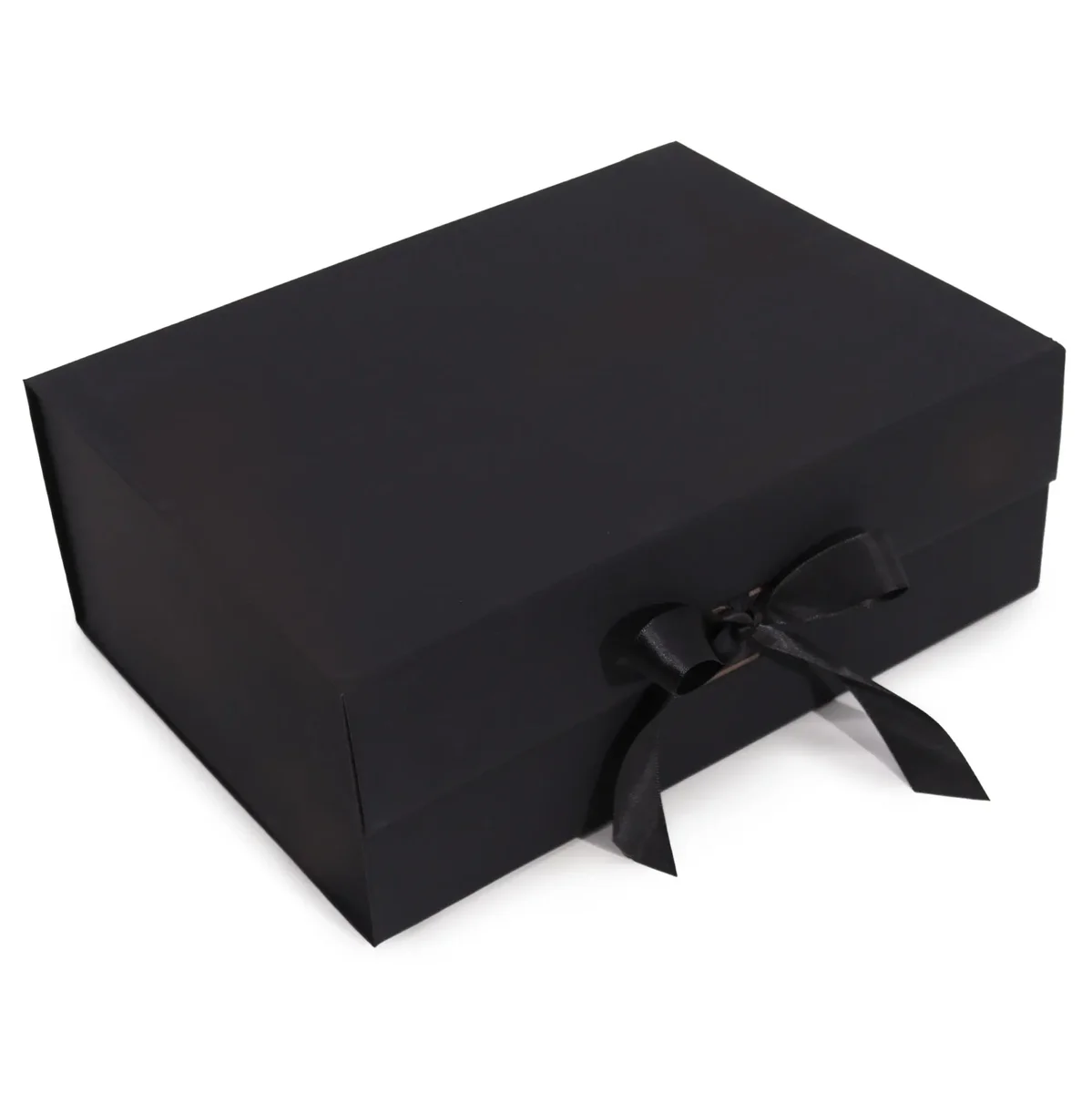 Extra large black flat pack gift box measuring 33x25x12cm, folded flat for easy storage and assembly