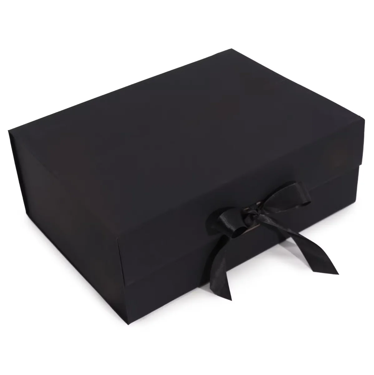 Black extra large flat pack gift box measuring 33x25x12cm, shown folded as a large storage box
