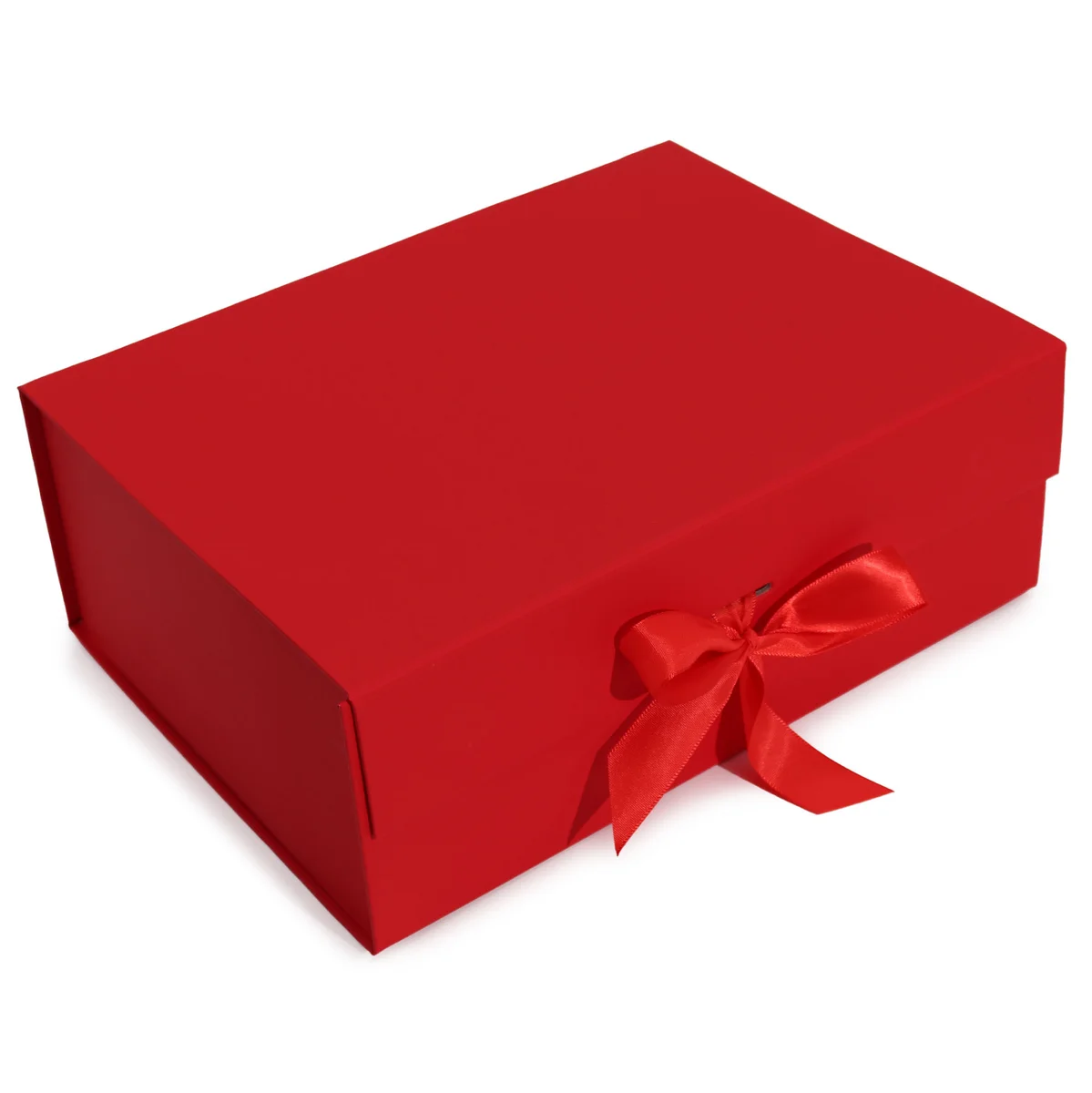 Extra large flat pack red gift box measuring 33x25x12cm, shown folded flat for easy storage.