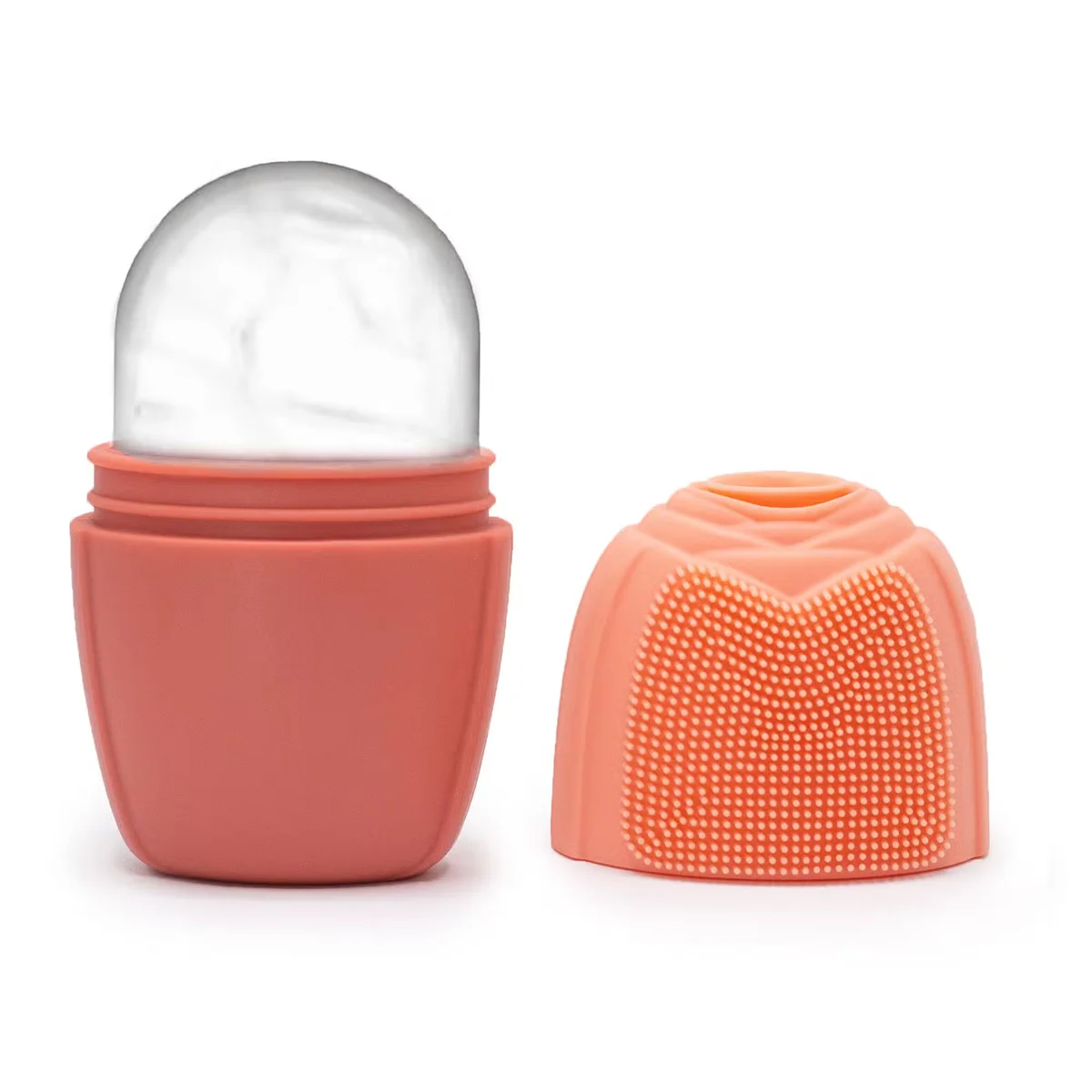 Peach silicone ice face roller in a compact handheld design.