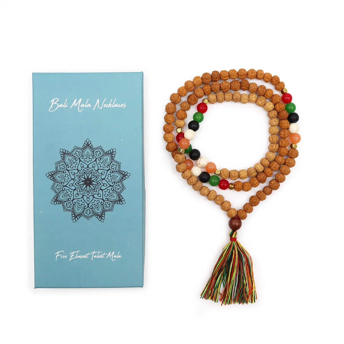 Bali Mala five element necklace with natural beads and intricate design on a white background