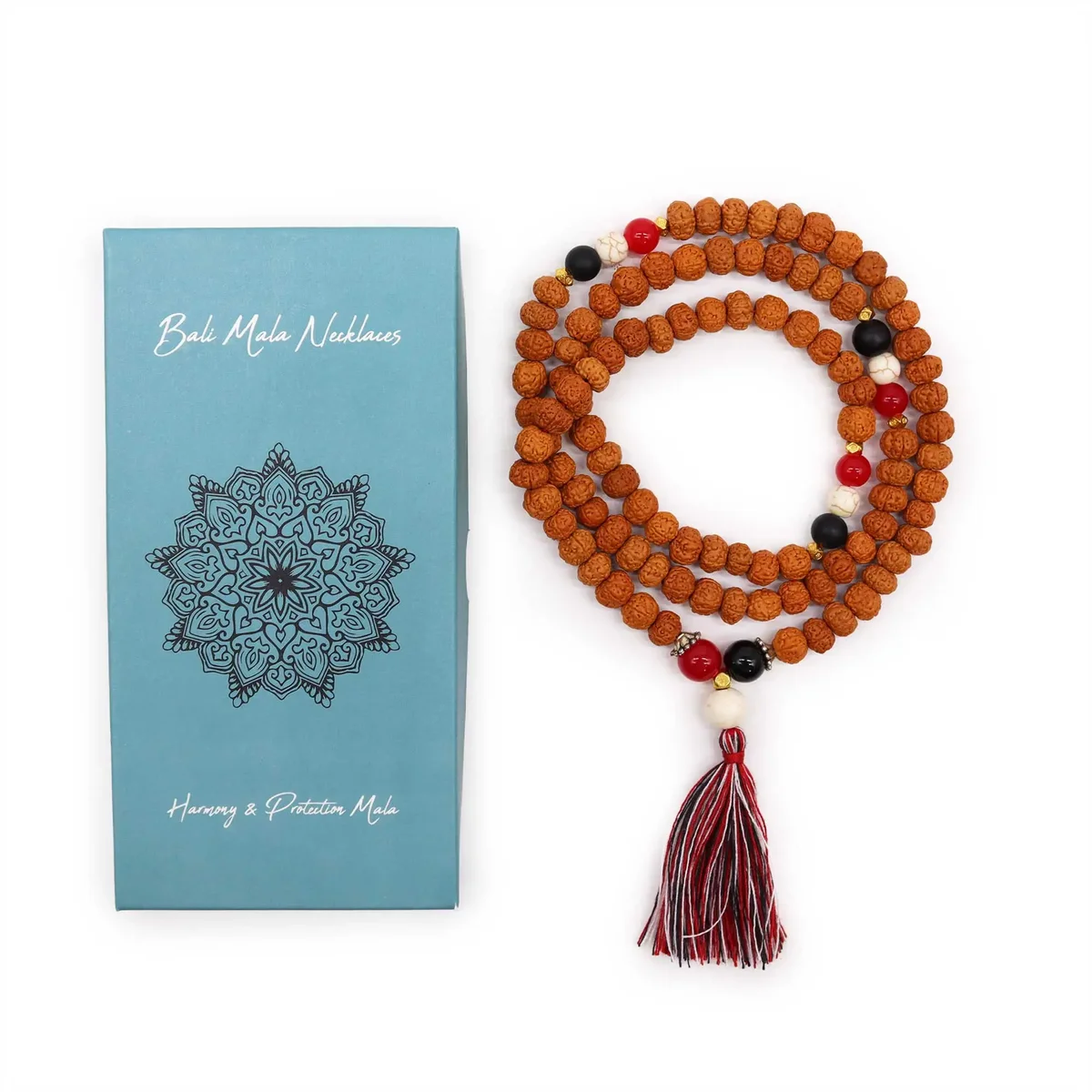 Bali Mala harmony protection necklace with natural beads and intricate details on a white background