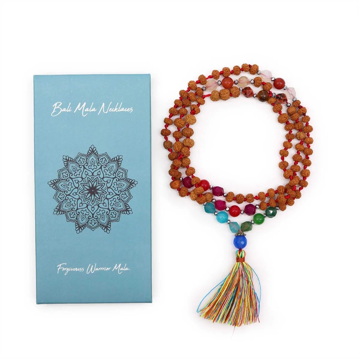 Bali mala necklace with beads and Forgiveness Warrior design on a white background