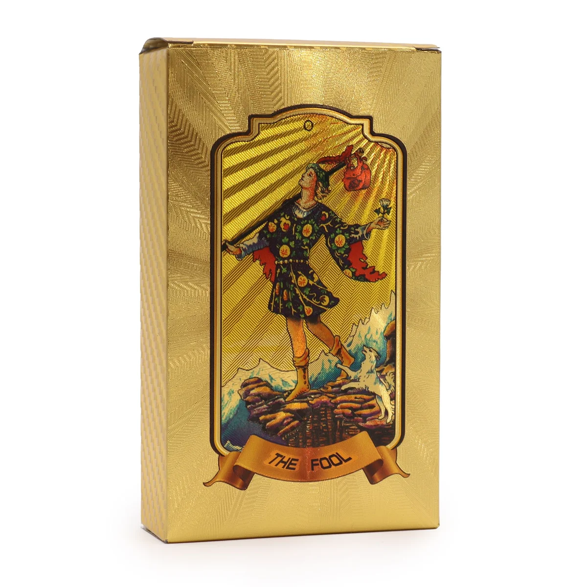 Stacked deck of golden tarot cards with intricate gold designs