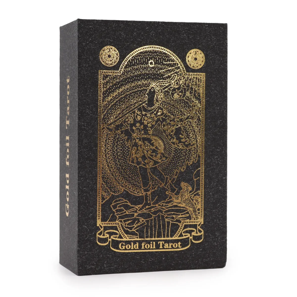Gold foil tarot card set with accompanying book inside a gift box.