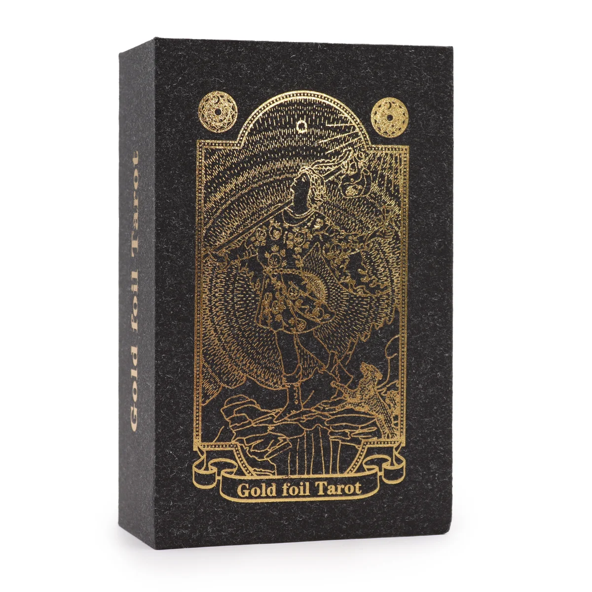 Gold foil tarot set with book displayed in a gift box.
