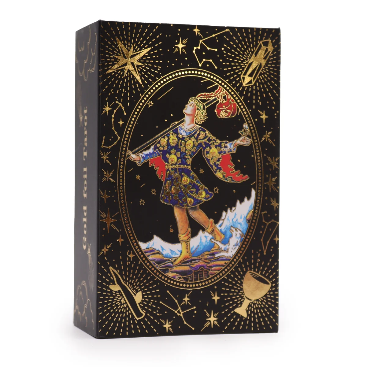 Gold foil magic tarot deck in a stylish gift box, shimmering golden edge design.
