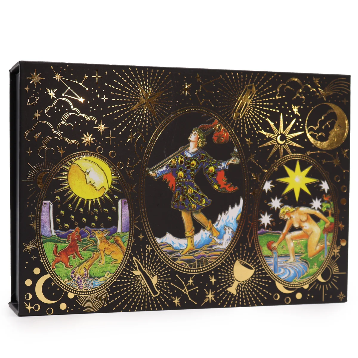 Gold foil tarot deck in sleek gift box, featuring mystical designs and the title 'Let the Magic Begin' – a magical tarot deck.