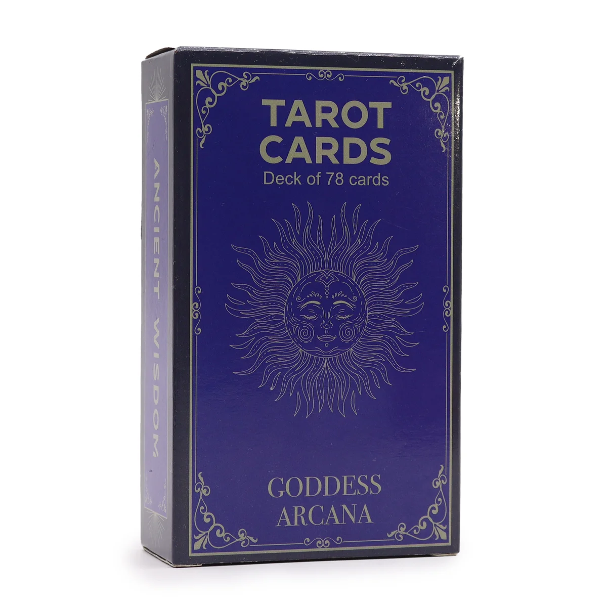 Front of Goddess Arcana tarot deck with guide book open, showing a card spread