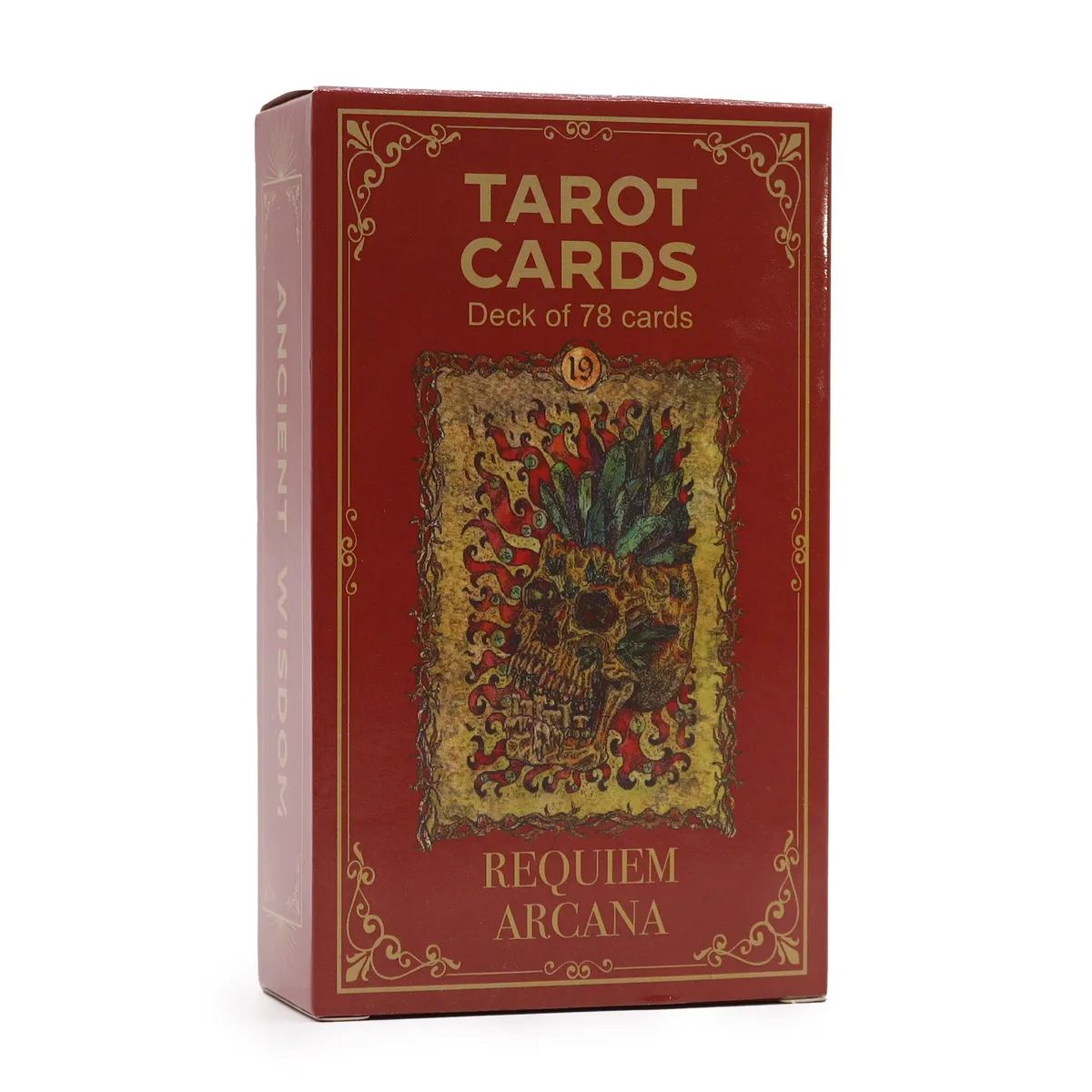 Tarot cards with guide book, deck featuring ornate crimson cover, Requiem Arcana design