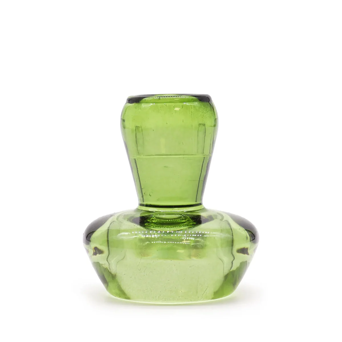 Mushroom shaped garden jade dinner candle holder with flip feature, holding a tealight on a simple wooden base.