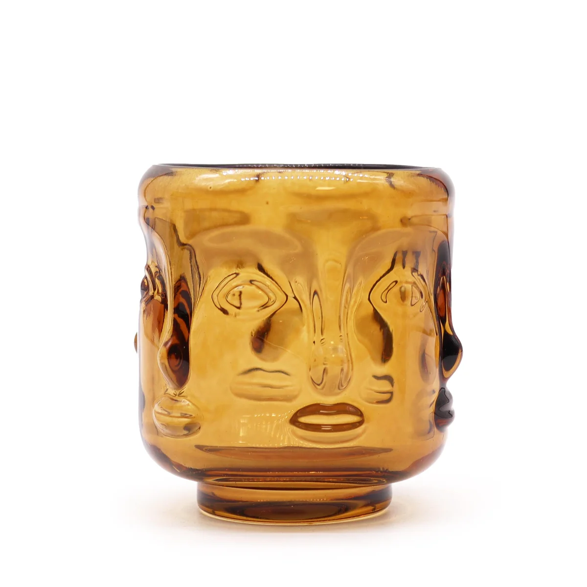 Buddha faces decorative candle jar in antique amber.