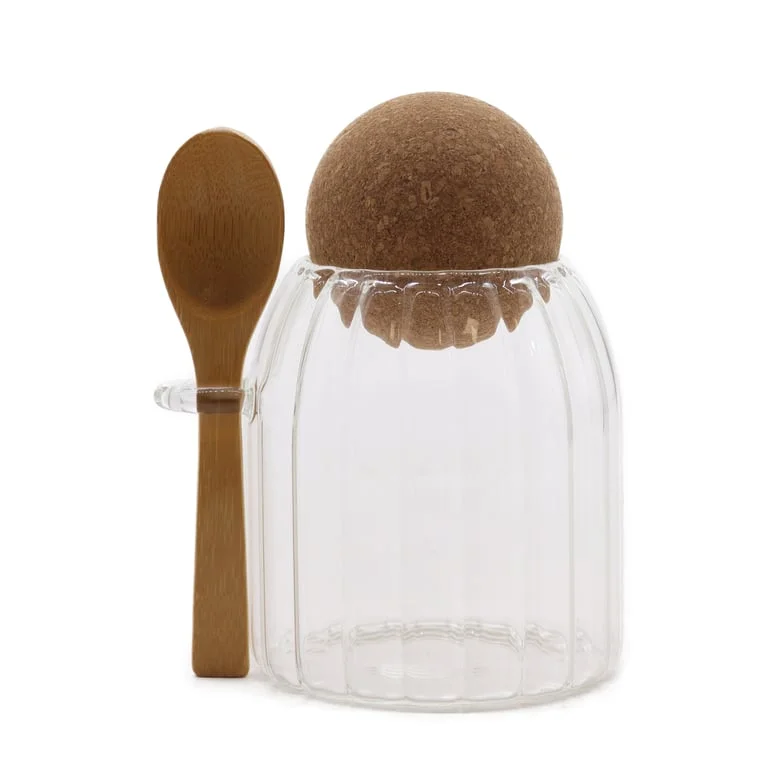 Sm Cottage ribbed bamboo glass jar with spoon, 10cm, elegant container