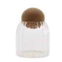 Ribbed glass jar with cork ball closure, 10cm tall, clear bottle, rustic cottage style.